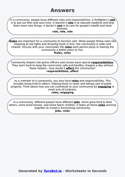 Year 5 Social Studies Fill in the Blanks Worksheet – Community Roles and Responsibilities