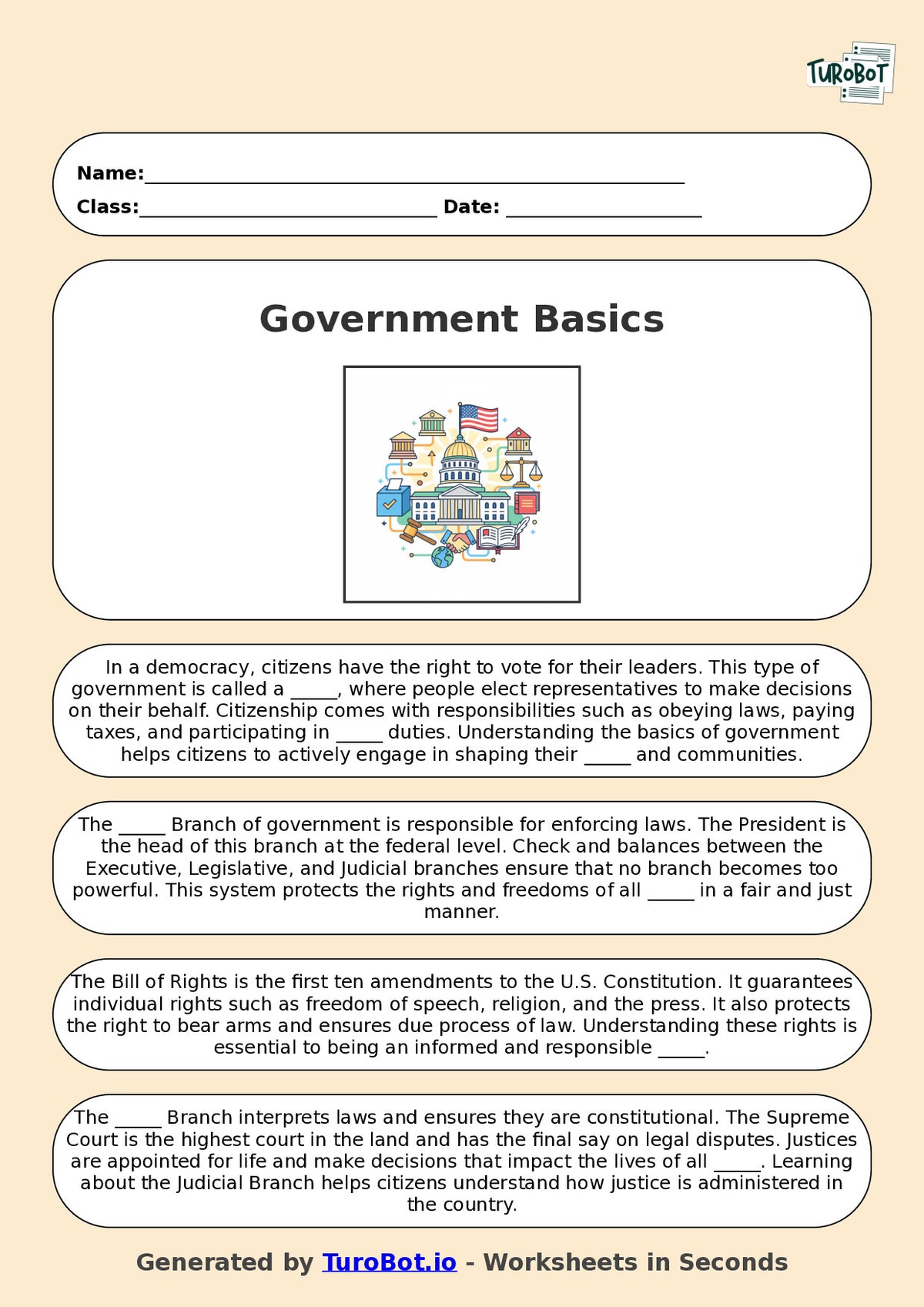 Year 5 Social Studies Fill in the Blanks Worksheet – Government and Citizenship Basics