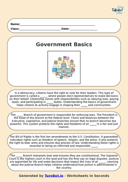 Year 5 Social Studies Fill in the Blanks Worksheet – Government and Citizenship Basics