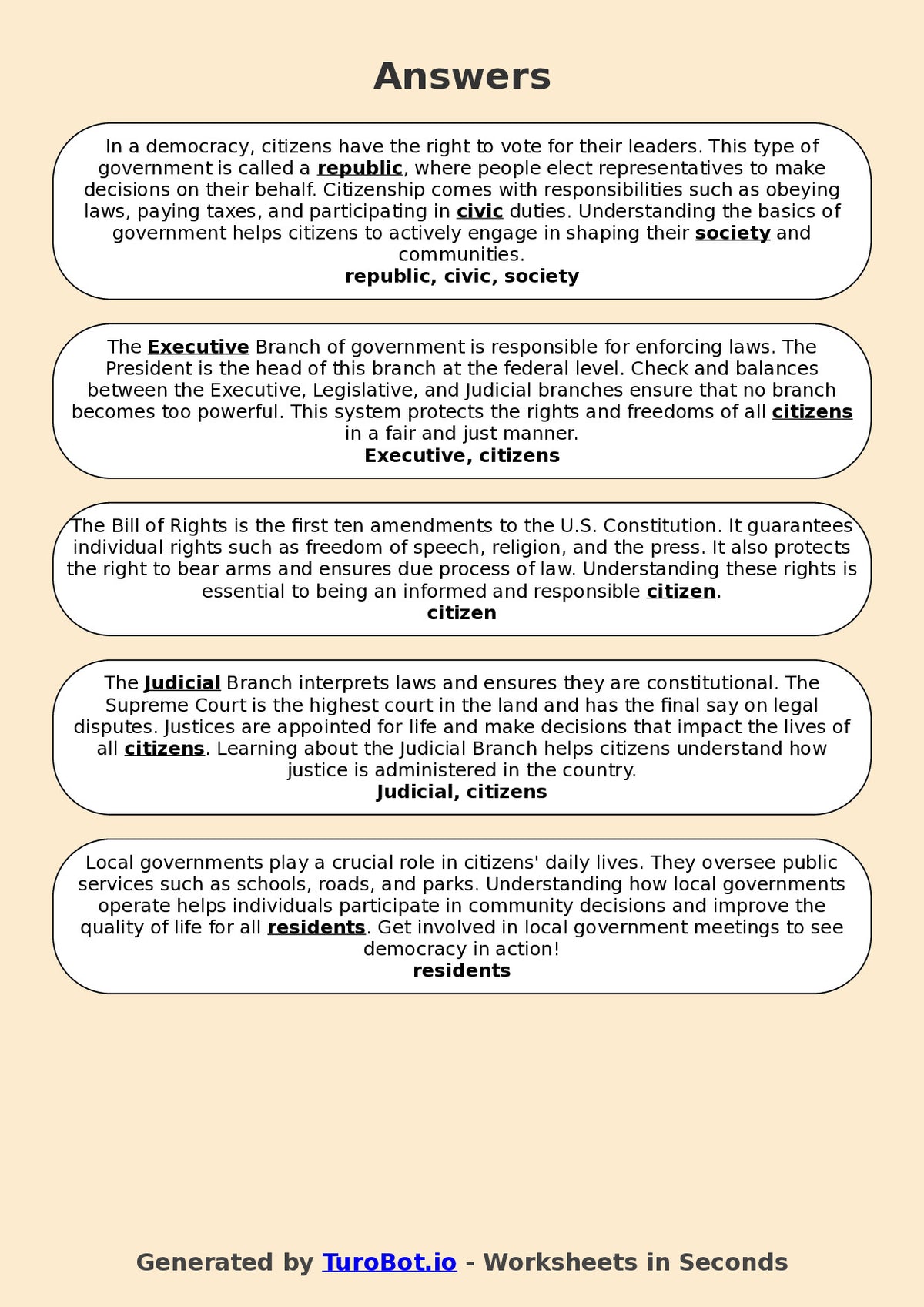 Year 5 Social Studies Fill in the Blanks Worksheet – Government and Citizenship Basics