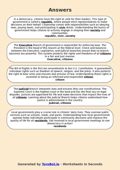 Year 5 Social Studies Fill in the Blanks Worksheet – Government and Citizenship Basics