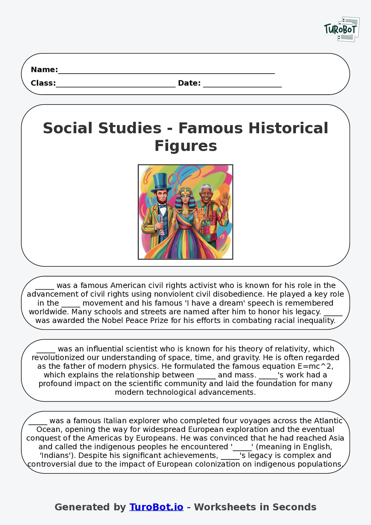 Year 6 Social Studies Fill in the Blanks Worksheet – Famous Historical Figures