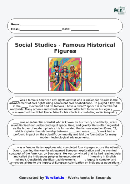Year 6 Social Studies Fill in the Blanks Worksheet – Famous Historical Figures