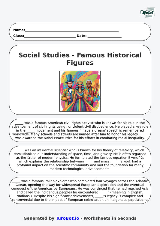 Year 6 Social Studies Fill in the Blanks Worksheet – Famous Historical Figures