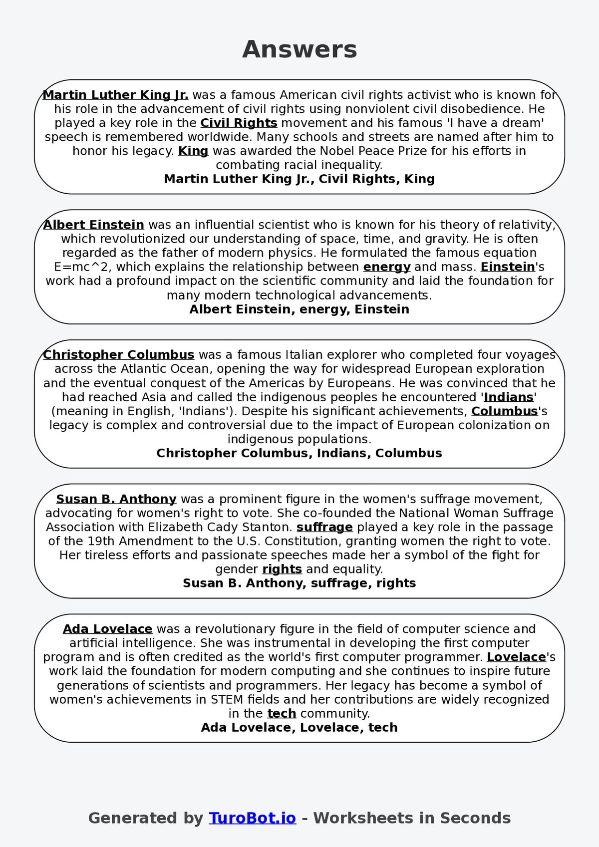 Year 6 Social Studies Fill in the Blanks Worksheet – Famous Historical Figures