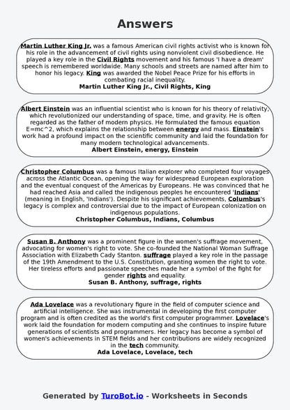 Year 6 Social Studies Fill in the Blanks Worksheet – Famous Historical Figures