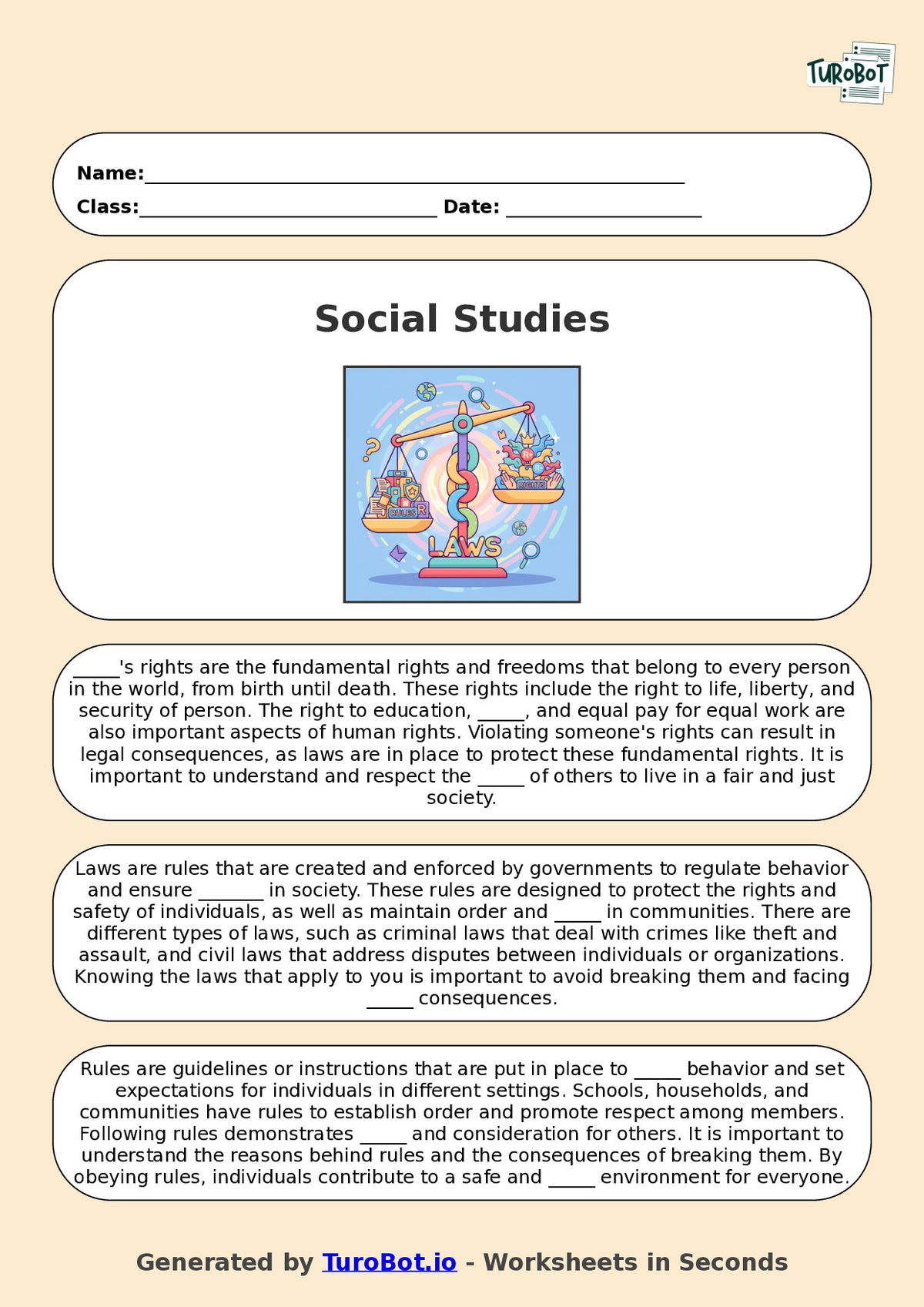 Year 6 Social Studies Fill in the Blanks Worksheet – Rules, Laws, and Rights