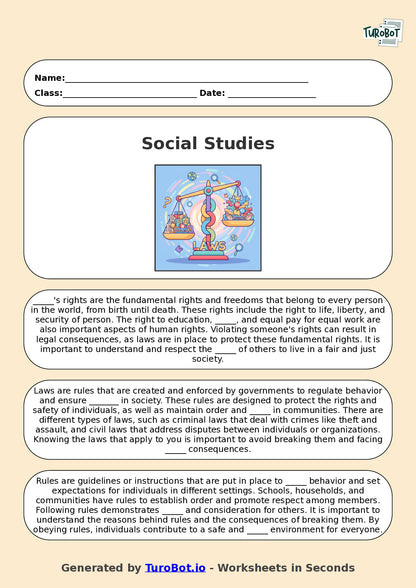 Year 6 Social Studies Fill in the Blanks Worksheet – Rules, Laws, and Rights