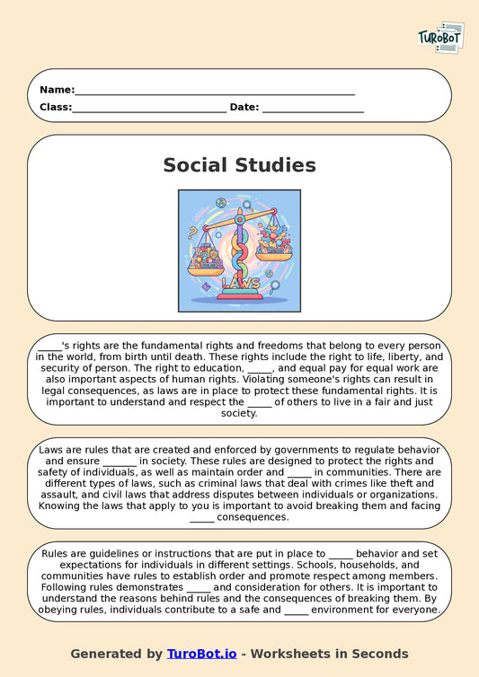 Year 6 Social Studies Fill in the Blanks Worksheet – Rules, Laws, and Rights