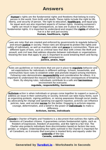 Year 6 Social Studies Fill in the Blanks Worksheet – Rules, Laws, and Rights