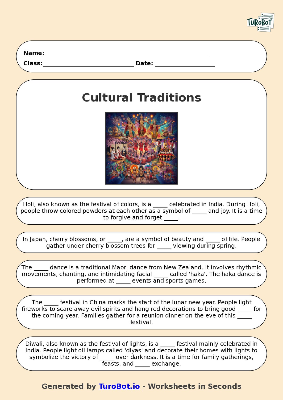 Year 7 Social Studies Fill in the Blanks Worksheet – Cultural Traditions Around the World