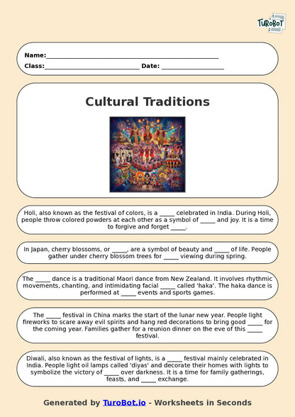 Year 7 Social Studies Fill in the Blanks Worksheet – Cultural Traditions Around the World