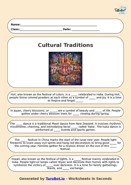 Year 7 Social Studies Fill in the Blanks Worksheet – Cultural Traditions Around the World
