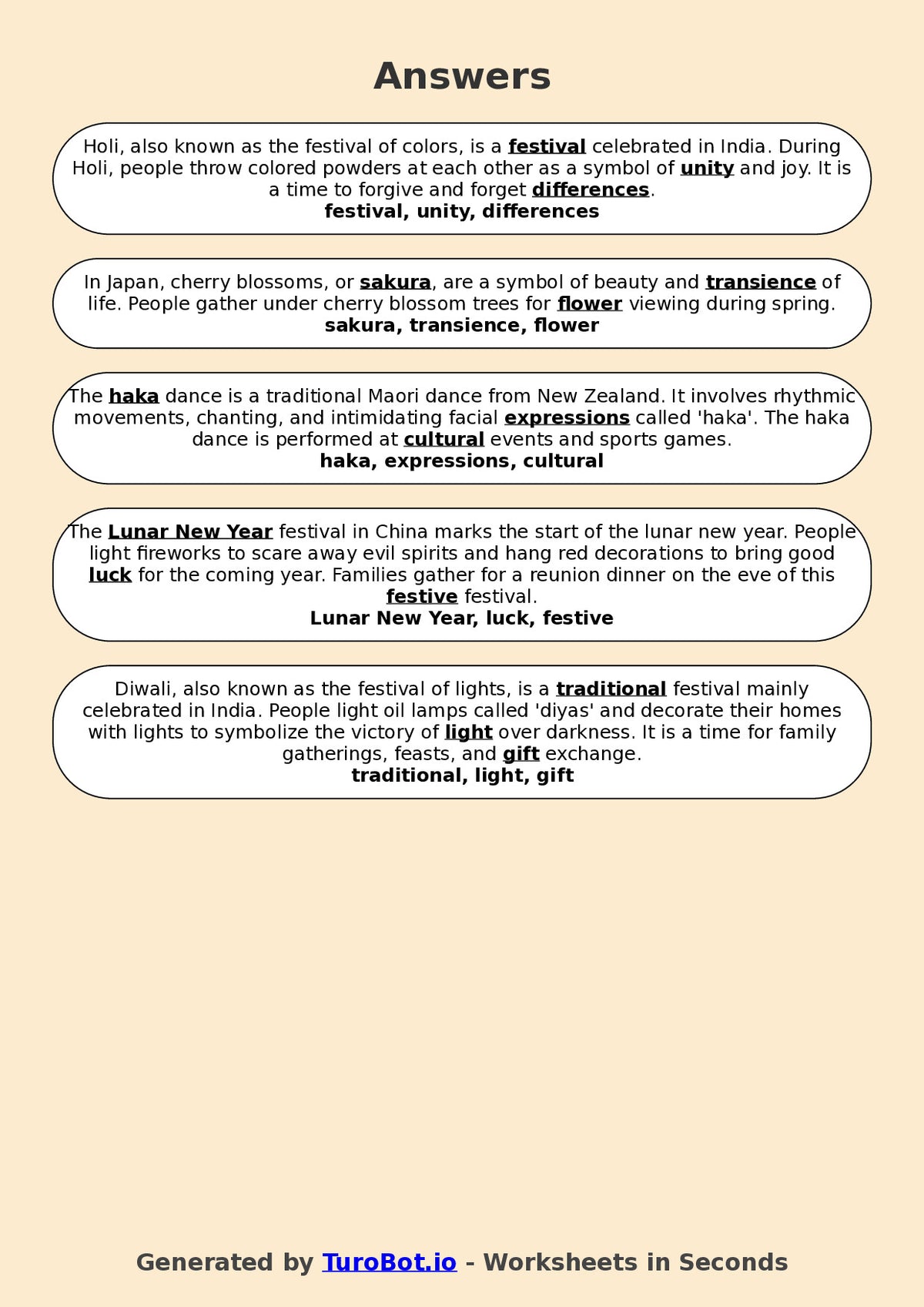 Year 7 Social Studies Fill in the Blanks Worksheet – Cultural Traditions Around the World