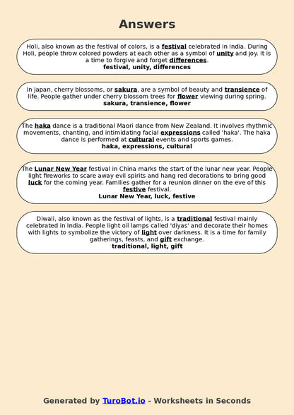 Year 7 Social Studies Fill in the Blanks Worksheet – Cultural Traditions Around the World