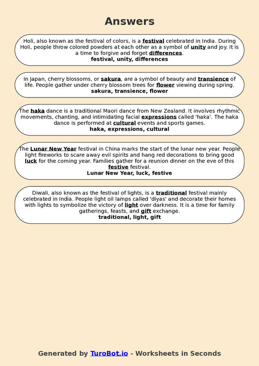Year 7 Social Studies Fill in the Blanks Worksheet – Cultural Traditions Around the World
