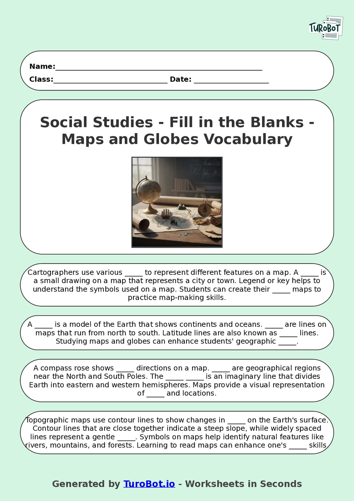 Year 8 Social Studies Fill in the Blanks Worksheet – Maps and Globes Vocabulary
