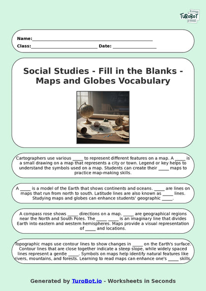 Year 8 Social Studies Fill in the Blanks Worksheet – Maps and Globes Vocabulary