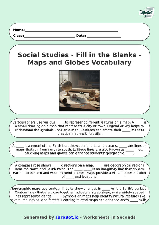 Year 8 Social Studies Fill in the Blanks Worksheet – Maps and Globes Vocabulary