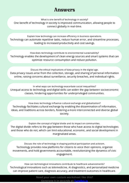 Free Worksheet - Year 8 Social Studies Technology and Society Benefits and Risks Multiple Choice