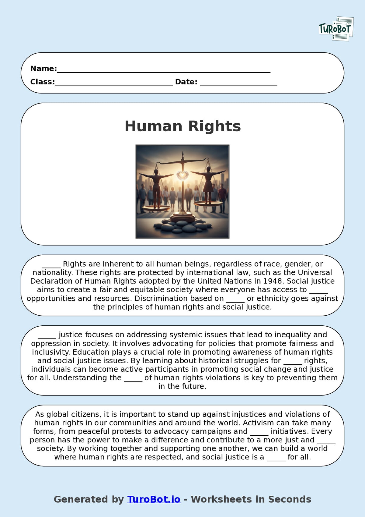 Year 9 Social Studies Fill in the Blanks Worksheet – Human Rights and Social Justice