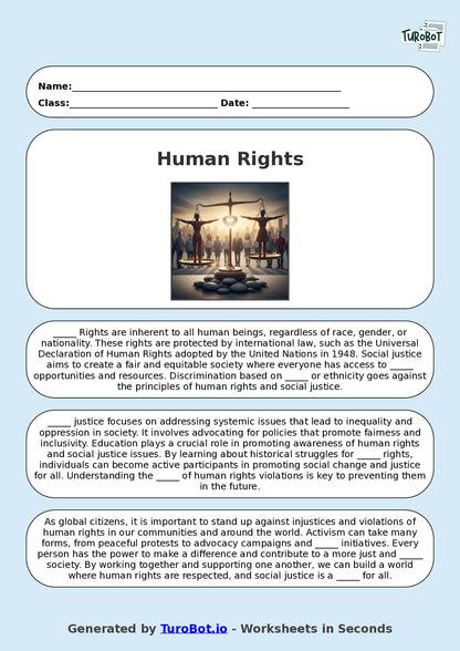 Year 9 Social Studies Fill in the Blanks Worksheet – Human Rights and Social Justice