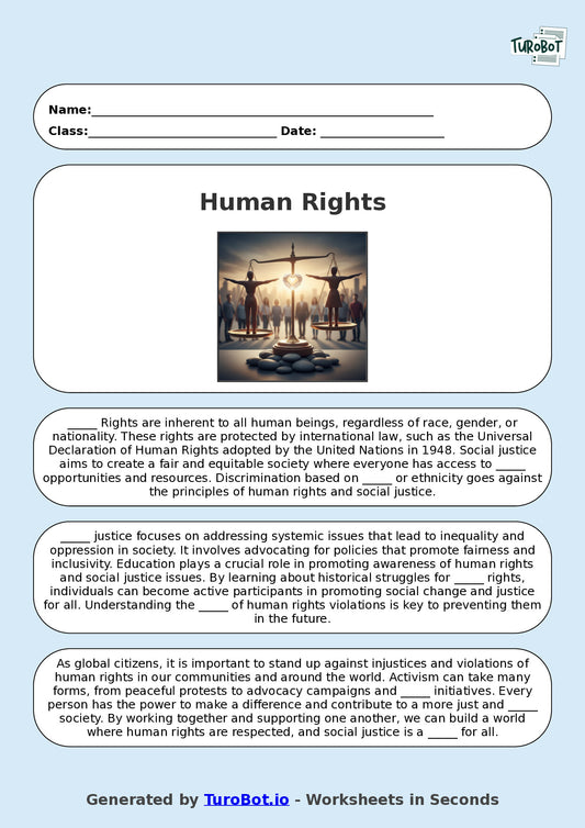 Year 9 Social Studies Fill in the Blanks Worksheet – Human Rights and Social Justice
