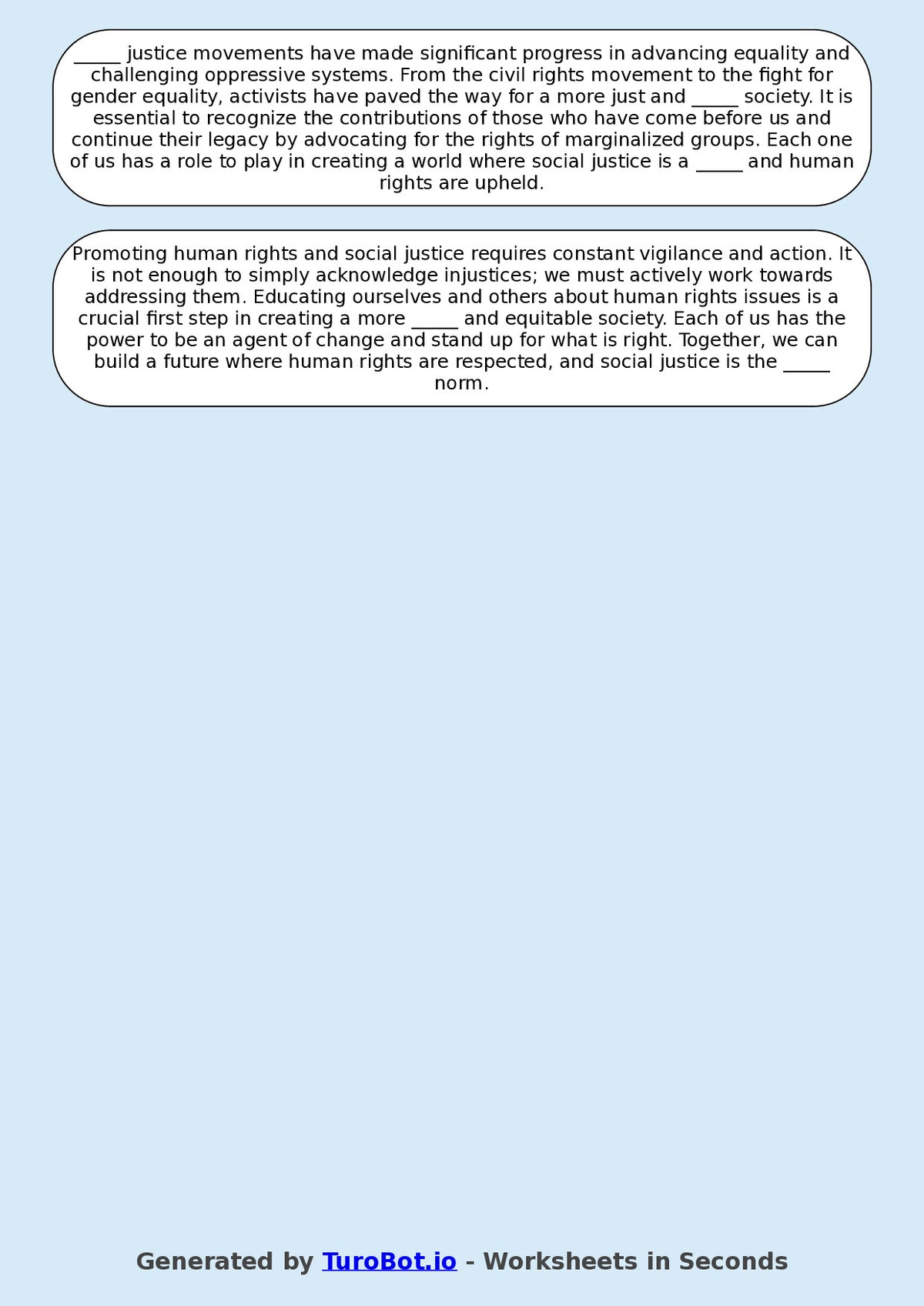 Year 9 Social Studies Fill in the Blanks Worksheet – Human Rights and Social Justice