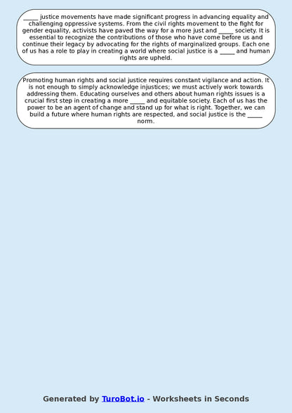 Year 9 Social Studies Fill in the Blanks Worksheet – Human Rights and Social Justice