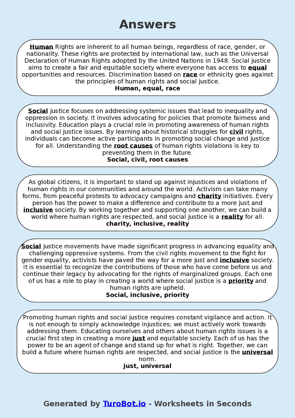 Year 9 Social Studies Fill in the Blanks Worksheet – Human Rights and Social Justice