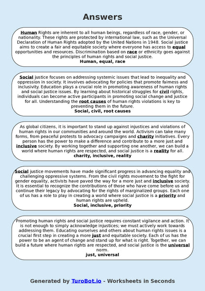 Year 9 Social Studies Fill in the Blanks Worksheet – Human Rights and Social Justice