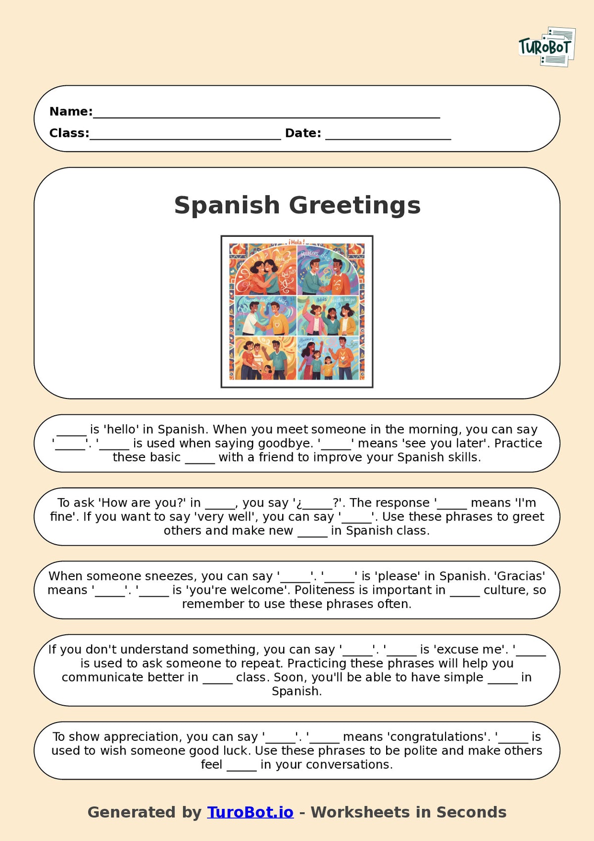 Year 5 Spanish Fill in the Blanks Worksheet – Basic Spanish Greetings