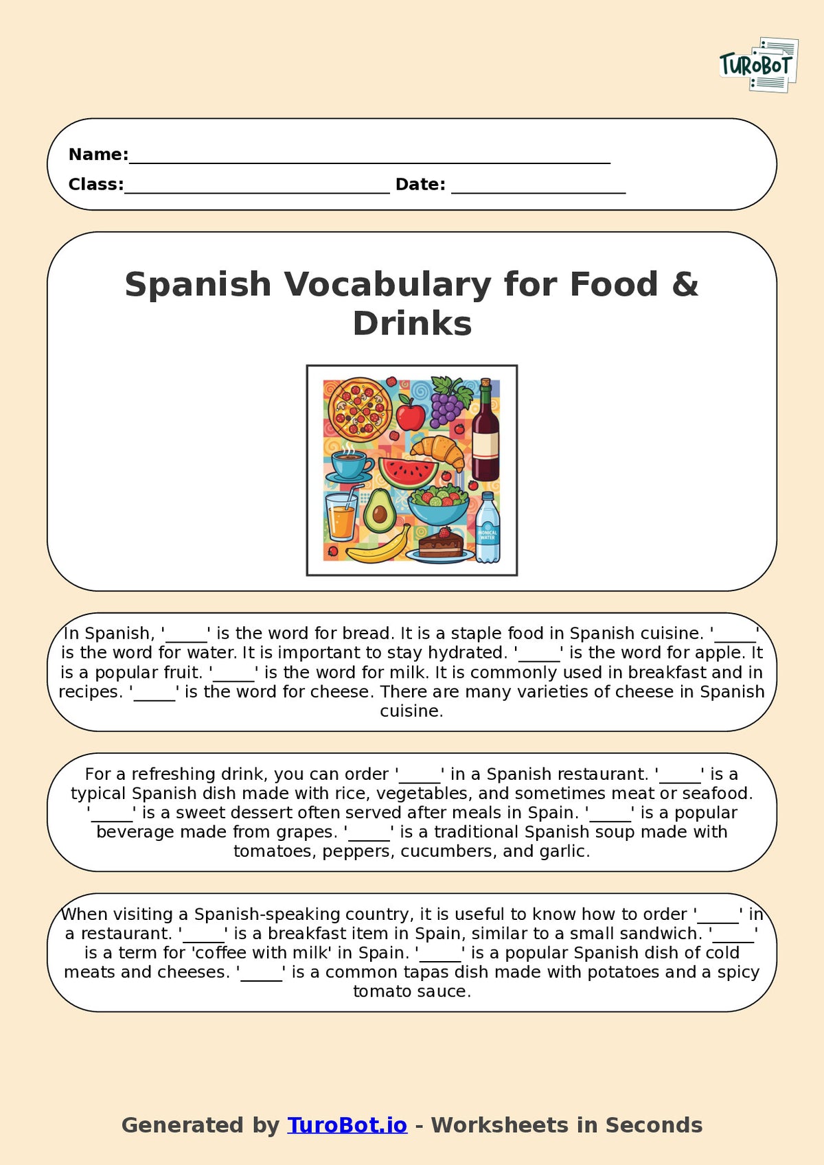 Year 6 Spanish Fill in the Blanks Worksheet – Spanish Vocabulary for Food & Drinks