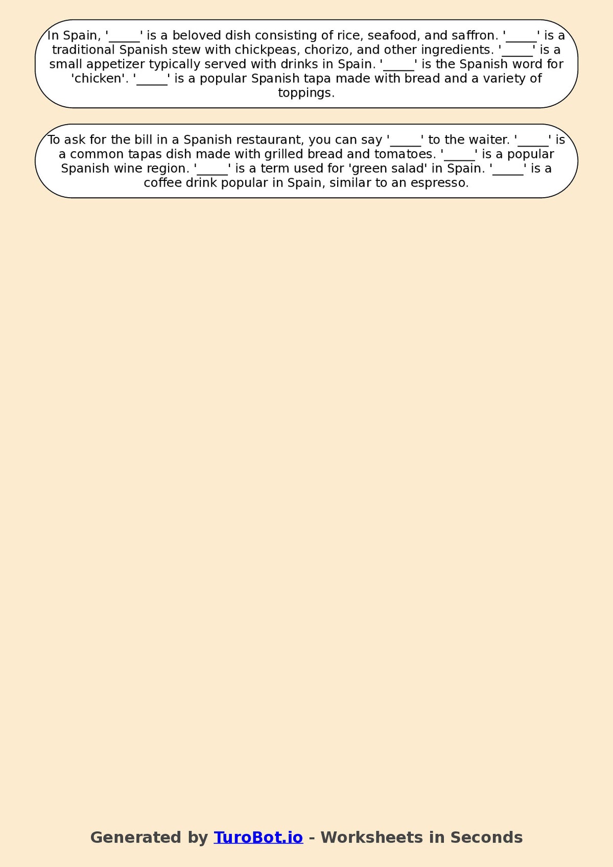 Year 6 Spanish Fill in the Blanks Worksheet – Spanish Vocabulary for Food & Drinks