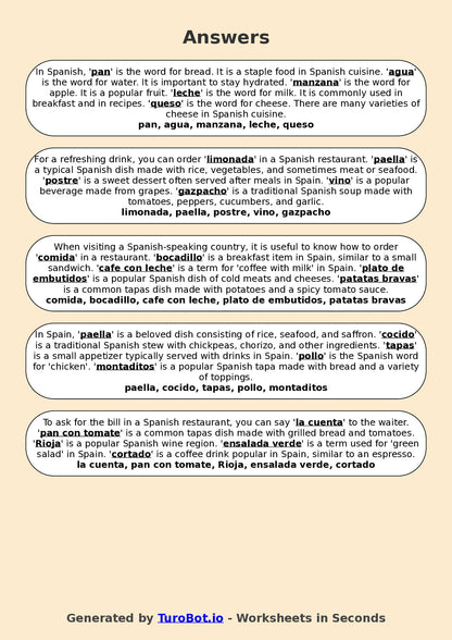 Year 6 Spanish Fill in the Blanks Worksheet – Spanish Vocabulary for Food & Drinks
