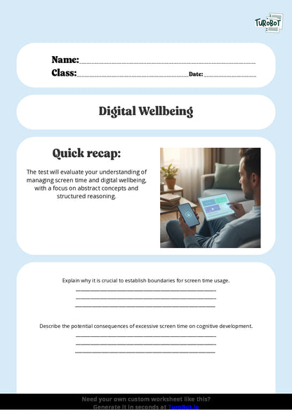 Free Worksheet - Year 10 Technology Managing Screen Time and Digital Wellbeing Short Answer Response