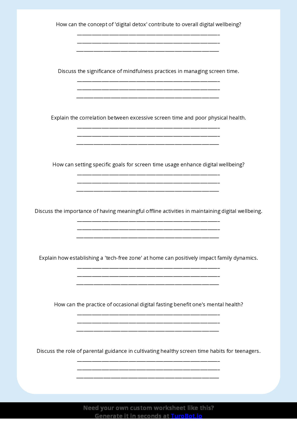 Free Worksheet - Year 10 Technology Managing Screen Time and Digital Wellbeing Short Answer Response
