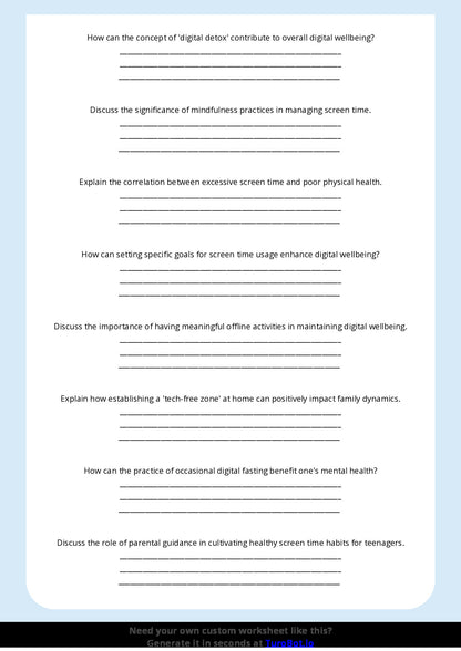 Free Worksheet - Year 10 Technology Managing Screen Time and Digital Wellbeing Short Answer Response