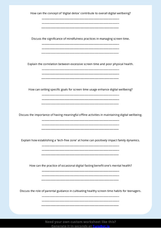 Free Worksheet - Year 10 Technology Managing Screen Time and Digital Wellbeing Short Answer Response