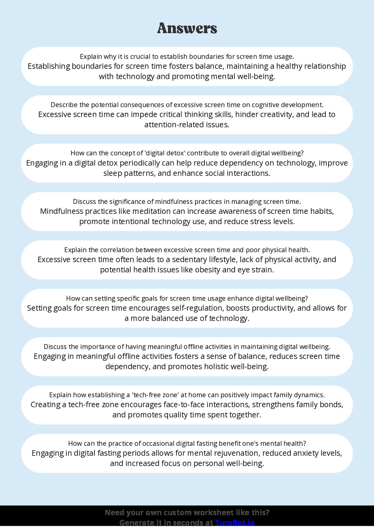 Free Worksheet - Year 10 Technology Managing Screen Time and Digital Wellbeing Short Answer Response