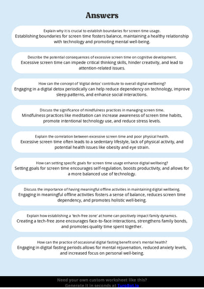 Free Worksheet - Year 10 Technology Managing Screen Time and Digital Wellbeing Short Answer Response
