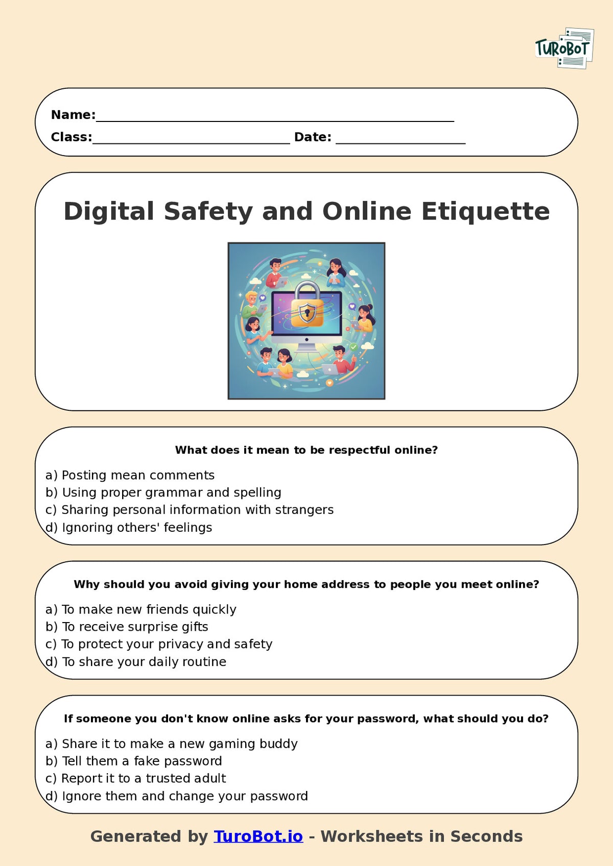 Year 5 Technology Multiple Choice Worksheet – Digital Safety and Online Etiquette