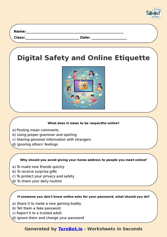 Year 5 Technology Multiple Choice Worksheet – Digital Safety and Online Etiquette