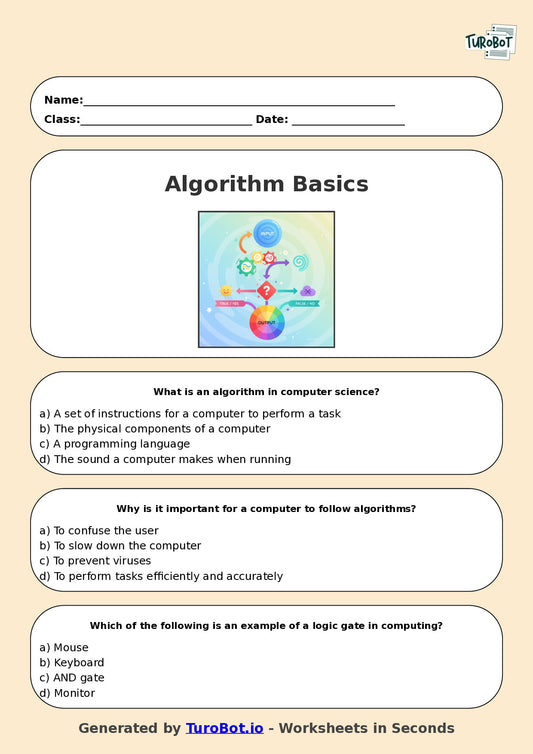 Year 6 Technology Multiple Choice Worksheet – Introduction to Algorithms and Logic