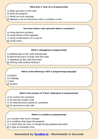 Year 6 Technology Multiple Choice Worksheet – Introduction to Algorithms and Logic