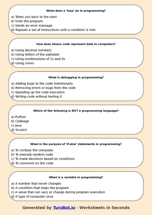 Year 6 Technology Multiple Choice Worksheet – Introduction to Algorithms and Logic