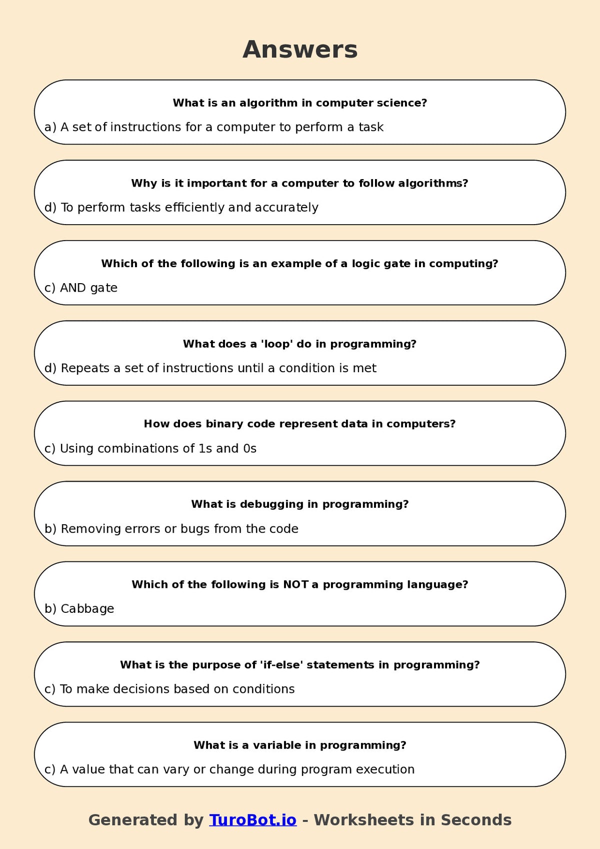 Year 6 Technology Multiple Choice Worksheet – Introduction to Algorithms and Logic