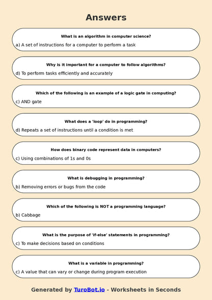 Year 6 Technology Multiple Choice Worksheet – Introduction to Algorithms and Logic