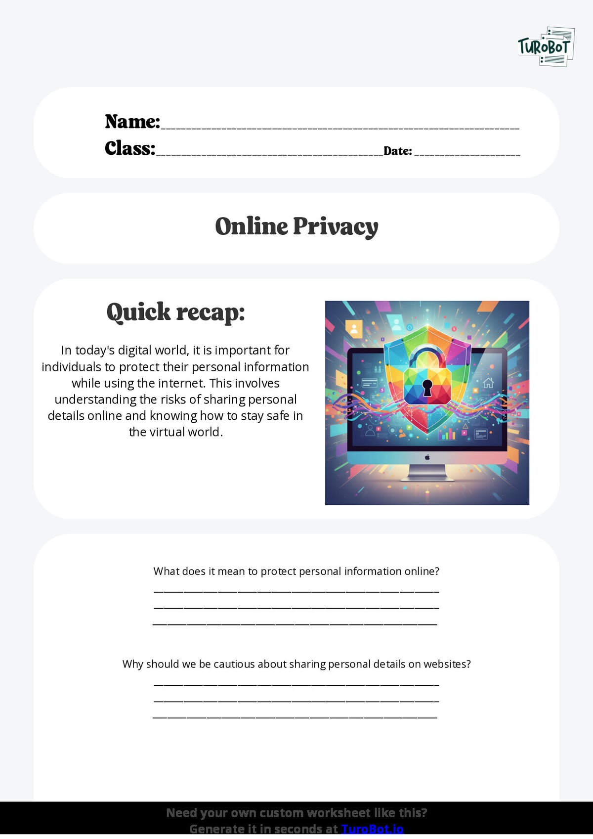 Free Worksheet - Year 6 Technology Protecting Personal Information Online Short Answer Response