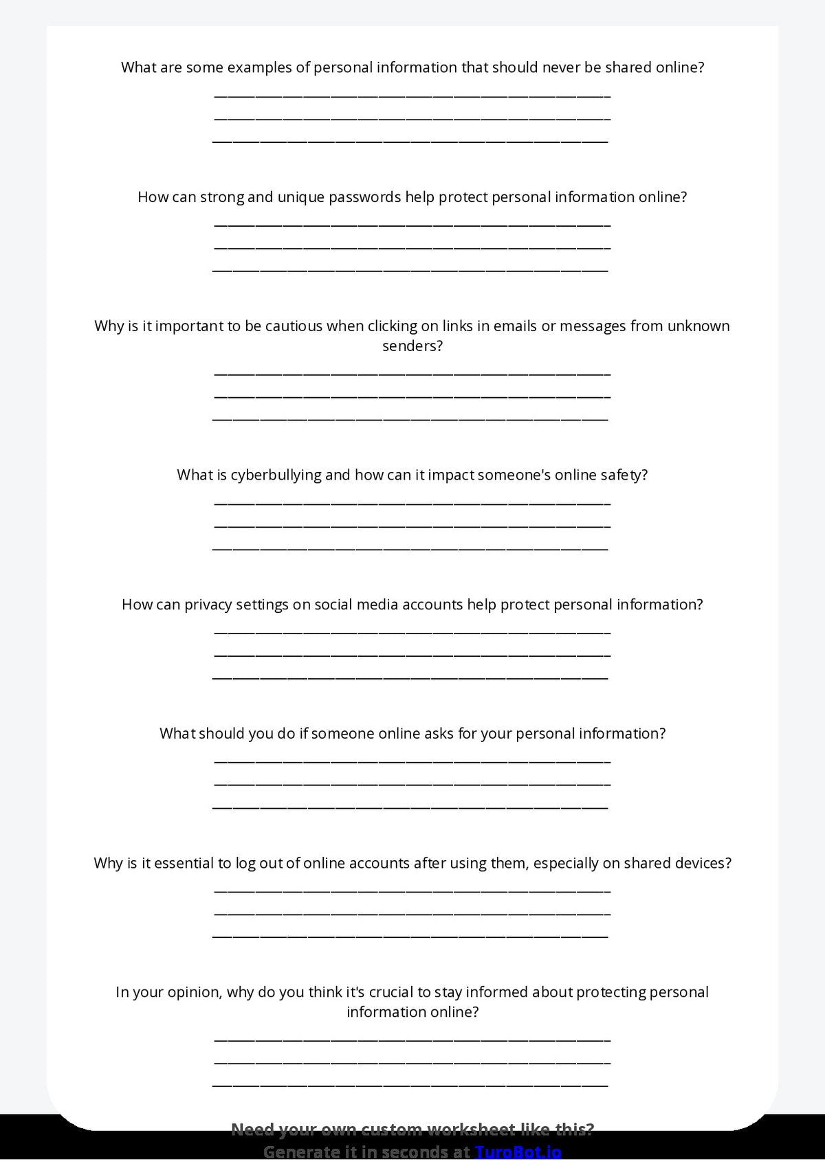 Free Worksheet - Year 6 Technology Protecting Personal Information Online Short Answer Response